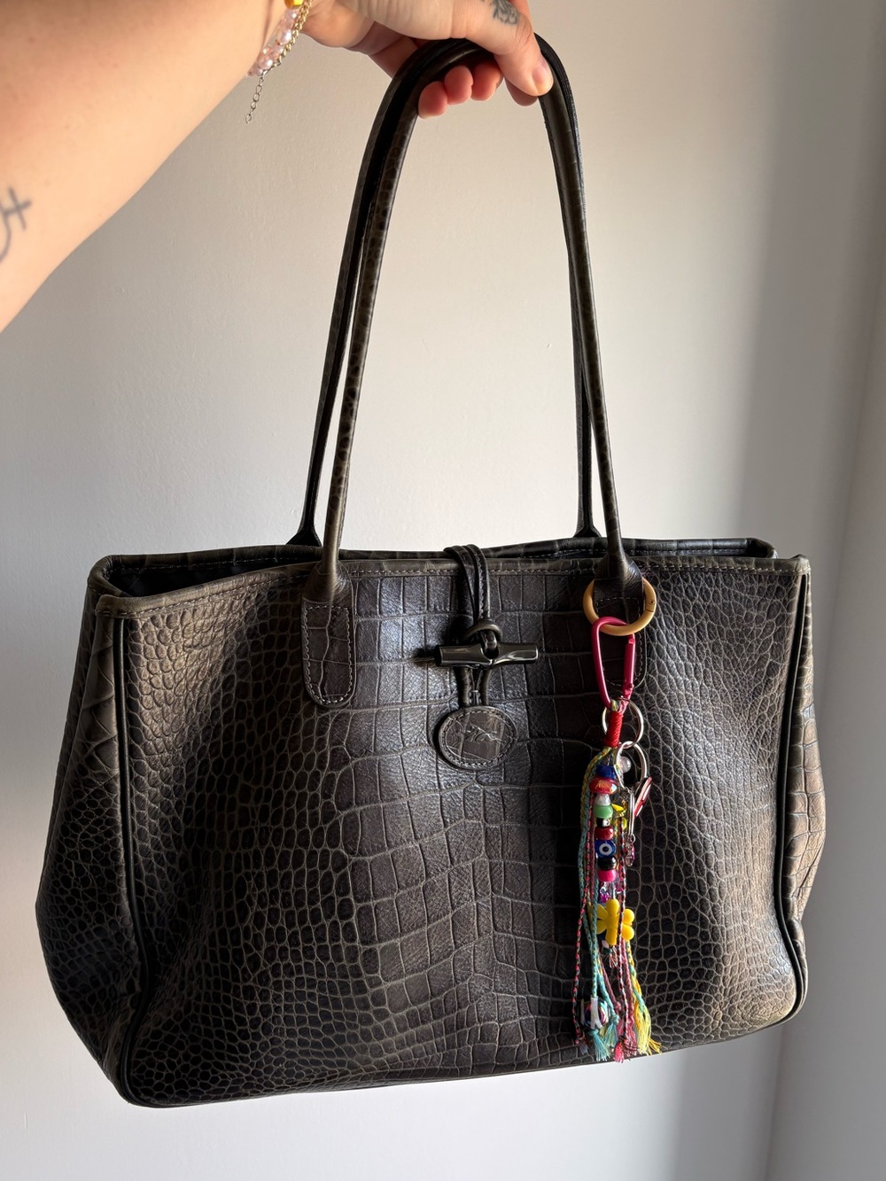 Authentic Longchamp Dark Brown Croc Leather Tote with Bead Tassel Charm-RARE